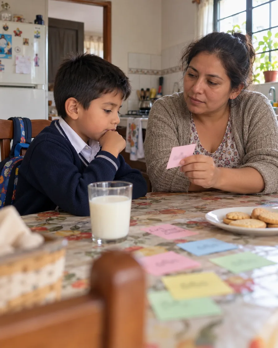 Un niño con uniforme lee una tarjeta de sílabas con su mamá en la mesa de la cocina