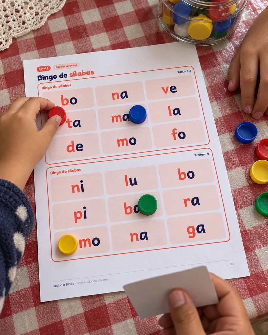 Manos de una familia ponen tapitas sobre el bingo de sílabas