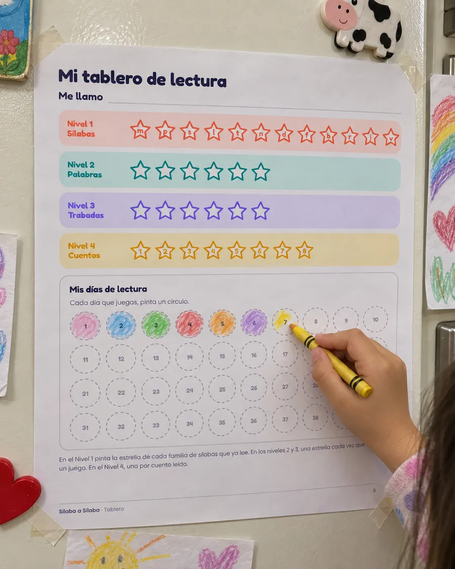 Una niña pinta un círculo en su tablero de lectura pegado en la heladera