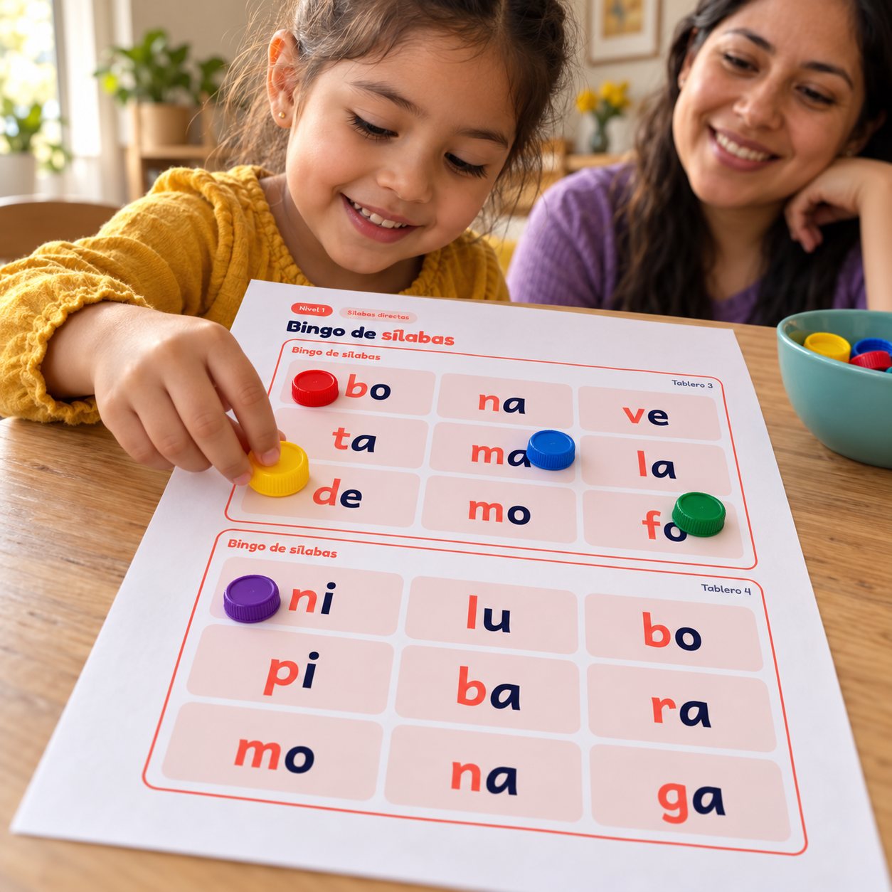 Una niña pone tapitas sobre el bingo de sílabas mientras su mamá la mira