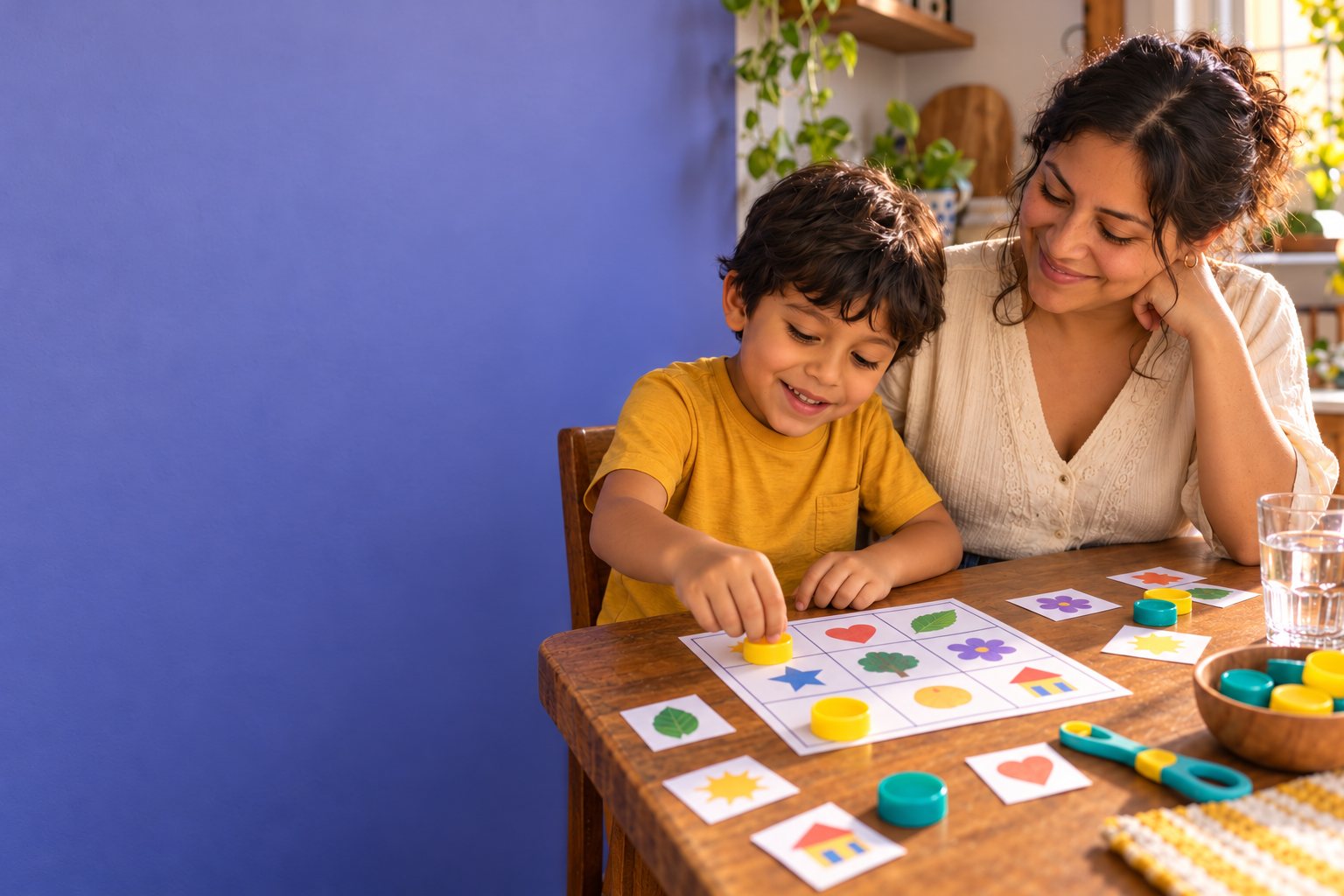 Un niño pone una tapita sobre el bingo de sílabas mientras su mamá lo mira sonriendo