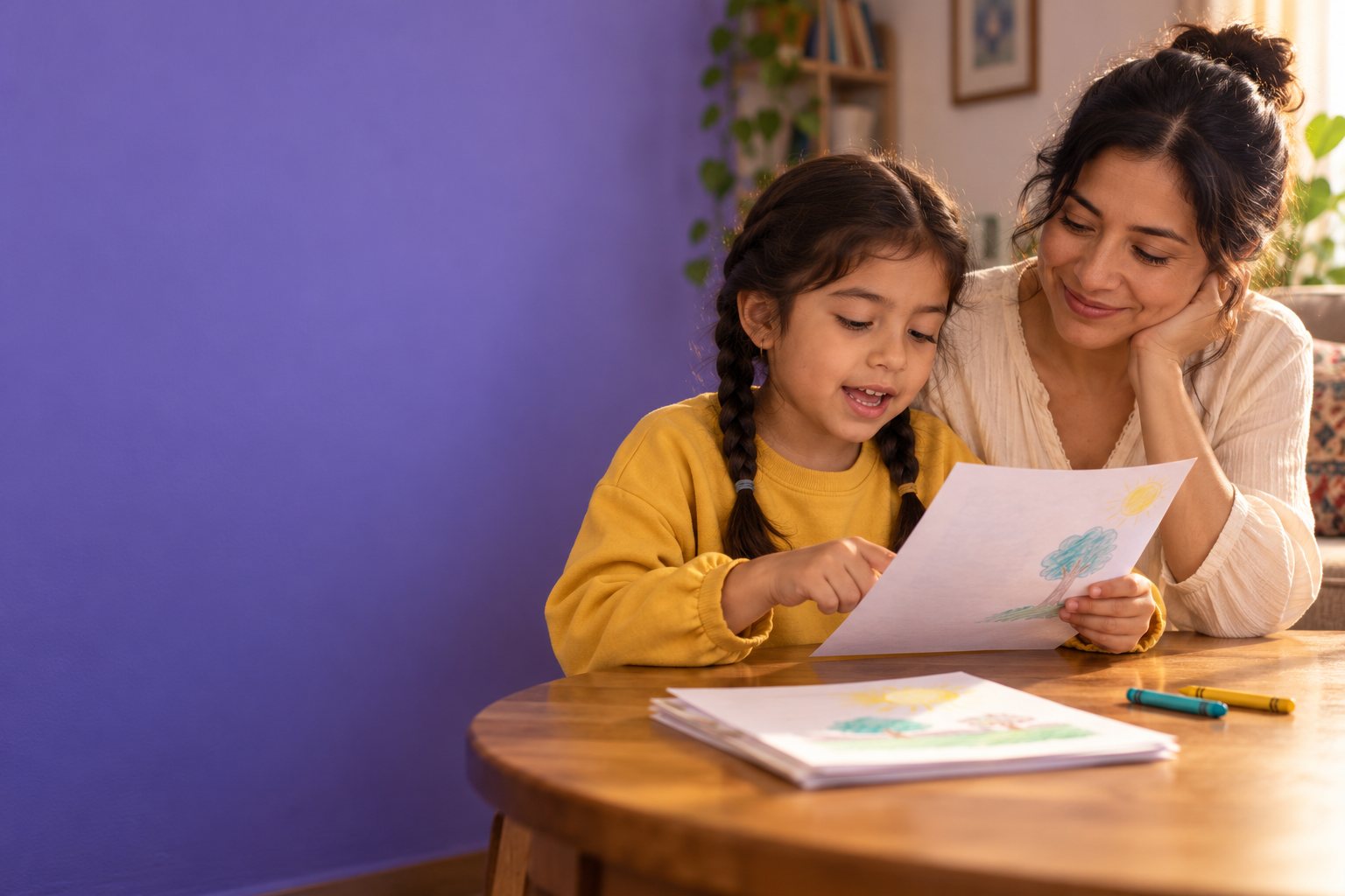 Una niña lee en voz alta su primer cuento mientras su mamá la escucha