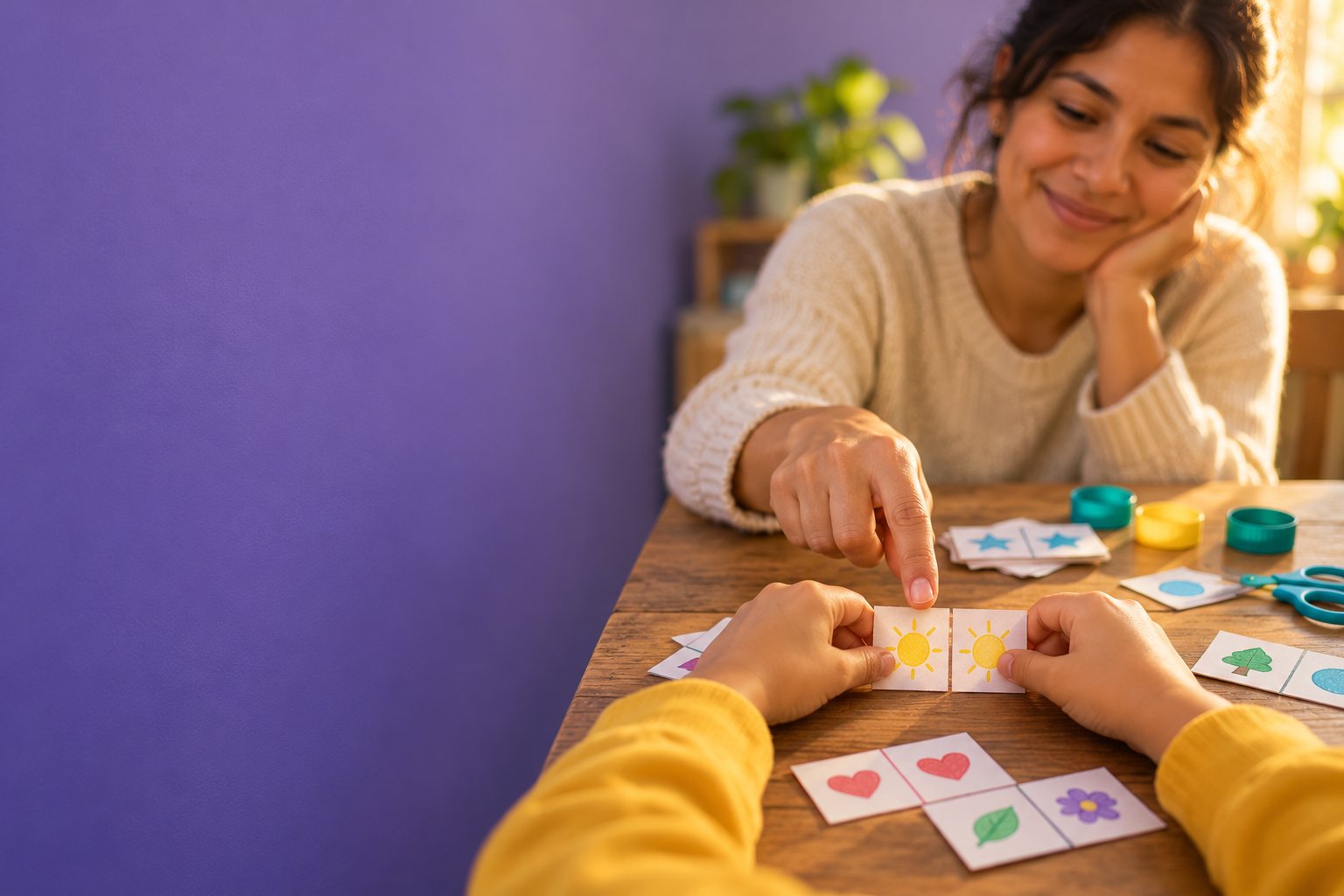 Las manos de un niño juntan dos fichas del dominó y la mamá señala al lado