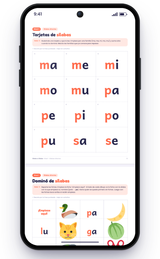 Tarjetas de sílabas y dominó en el celular